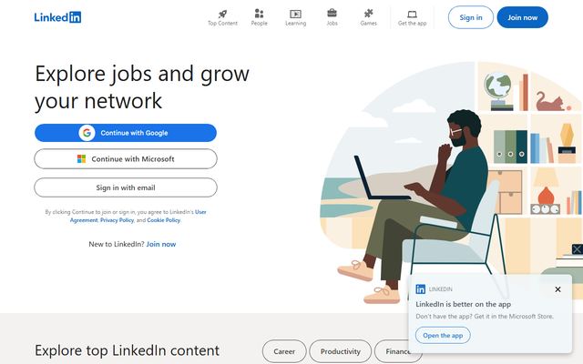 The LinkedIn homepage