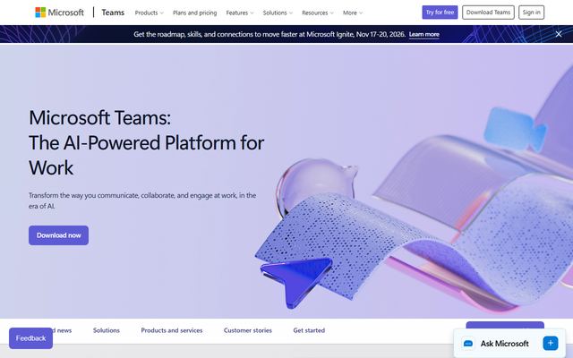 The Microsoft Teams homepage