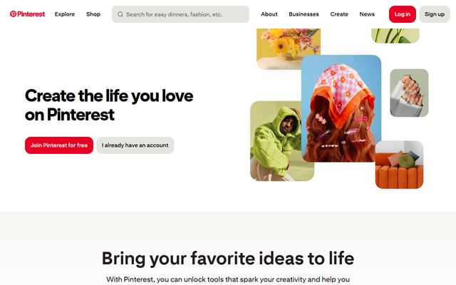 The Pinterest homepage