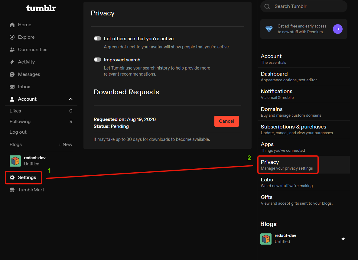 Step 1: Settings in the Tumblr left menu, and Privacy in the right-hand settings column