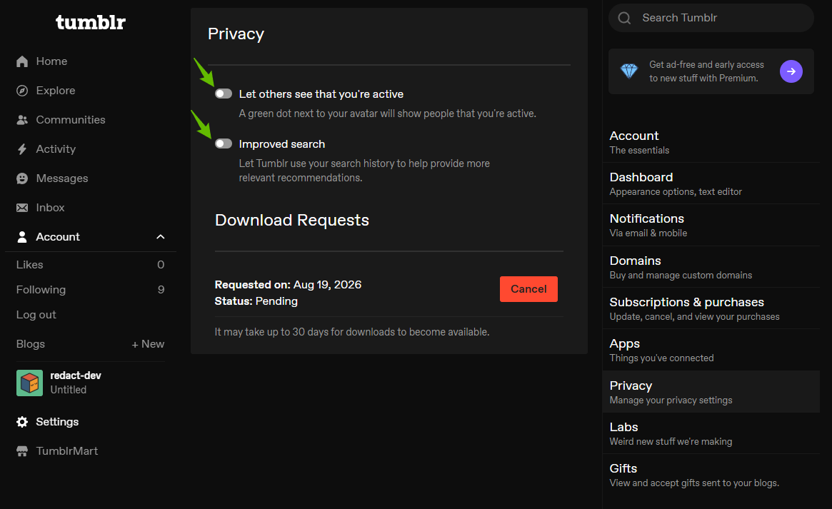 Step 2: the Tumblr Privacy page, showing the two account toggles