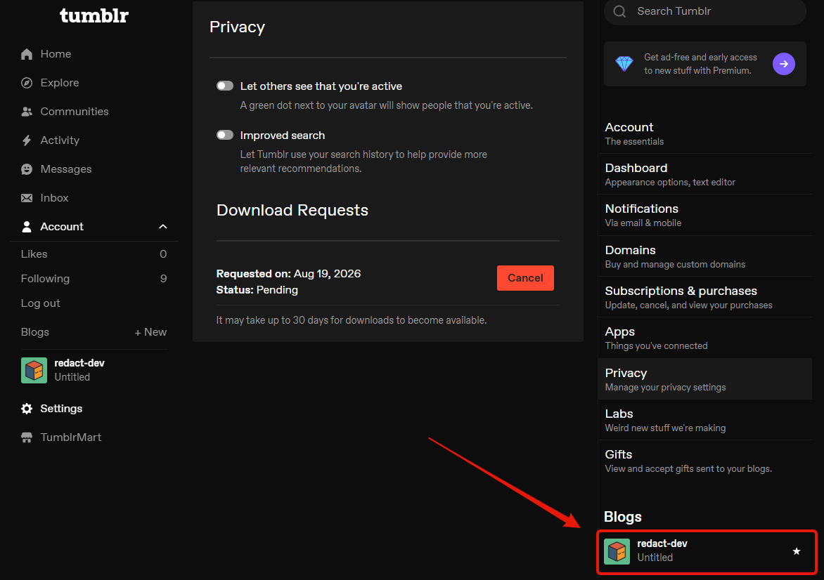 Step 3: the Blogs section at the bottom right of the Tumblr settings column
