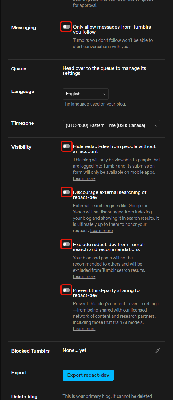 Step 5: the Messaging and Visibility sections of a Tumblr blog, all four toggles off by default